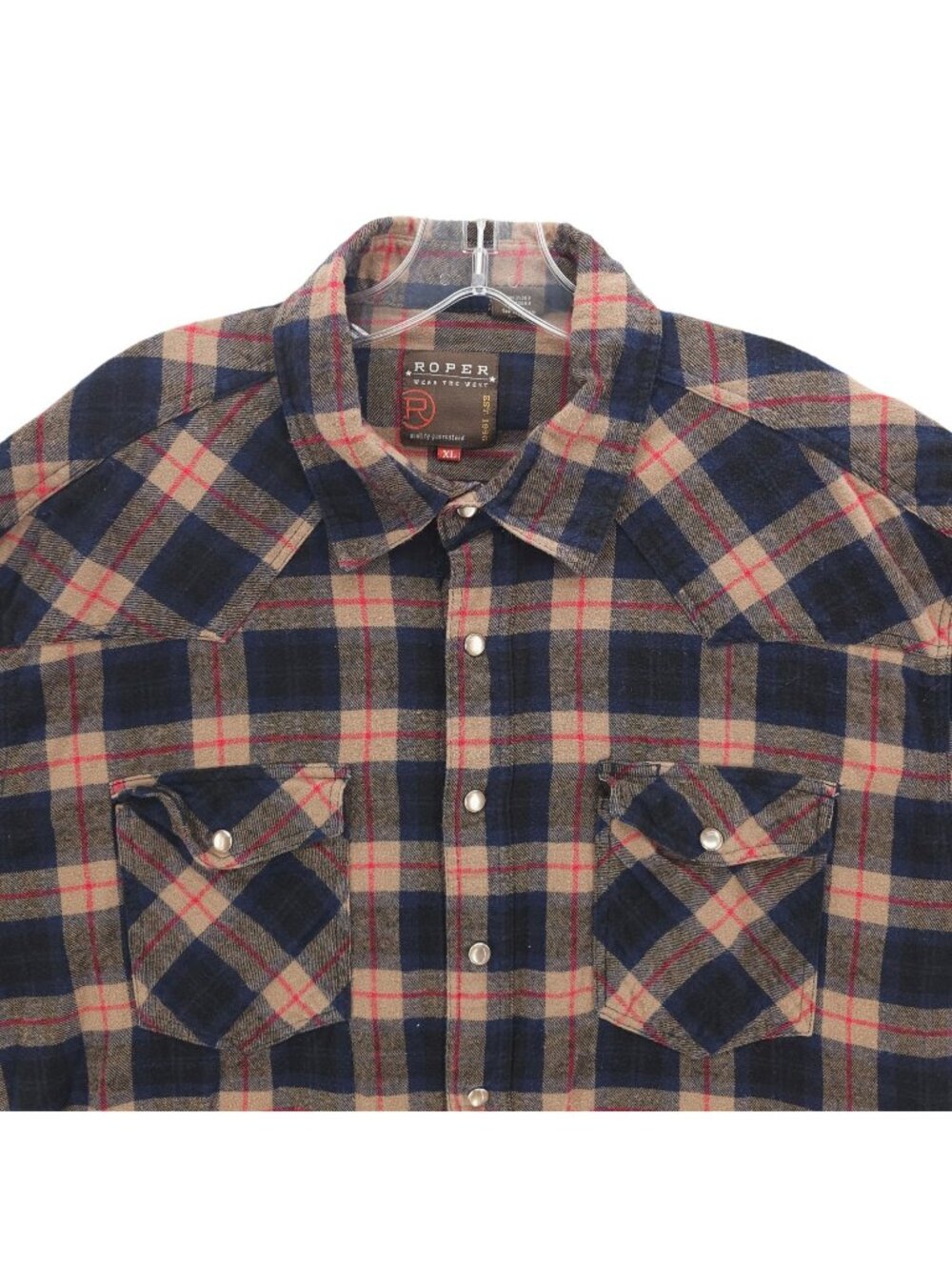 ROPER Men's Western Plaid Shirt Pearl Snap Blue Red Tan 100% Cotton Size XL